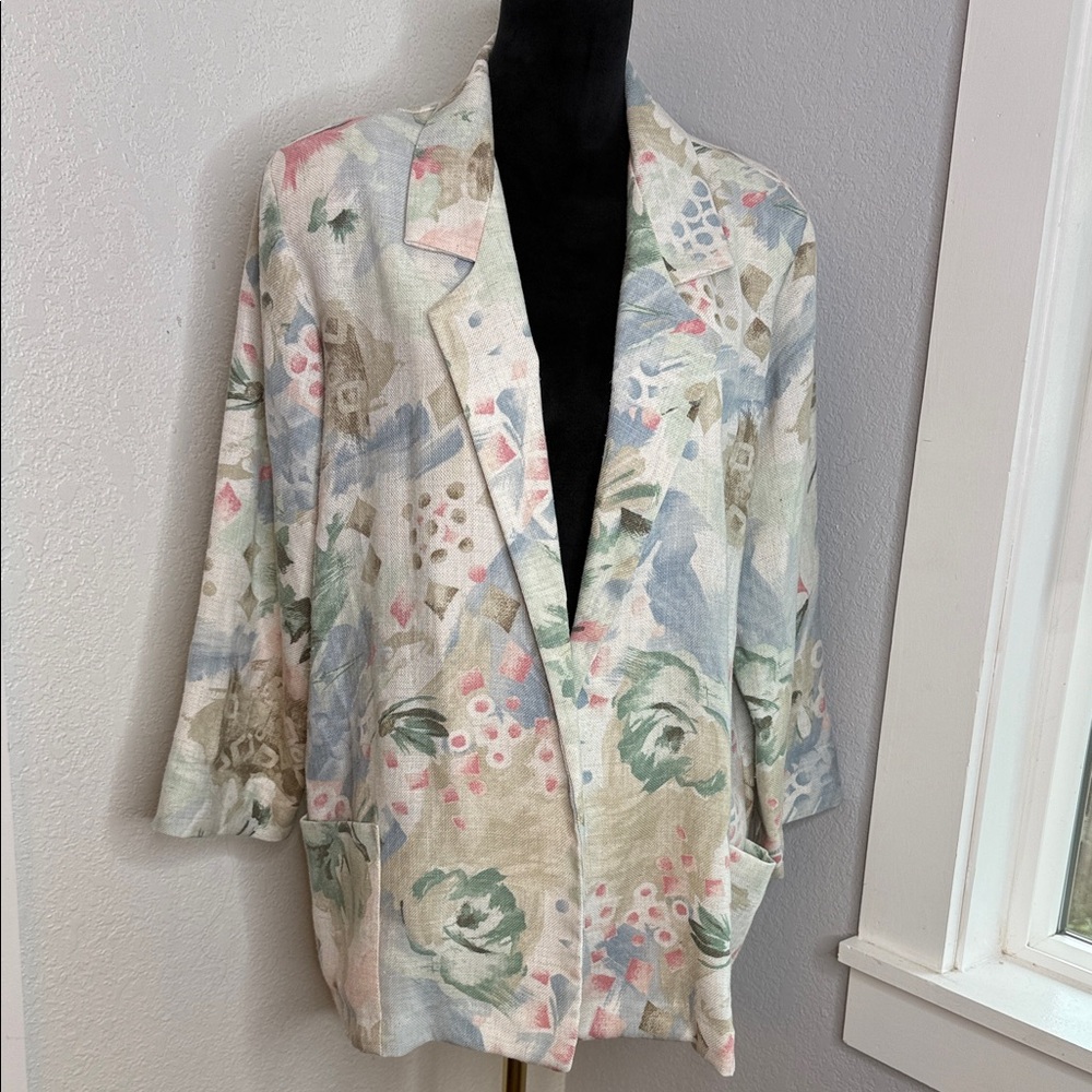 Vintage Alice Stuart Linen Blend Floral Blazer Jacket 90s Cottagecore Coastal